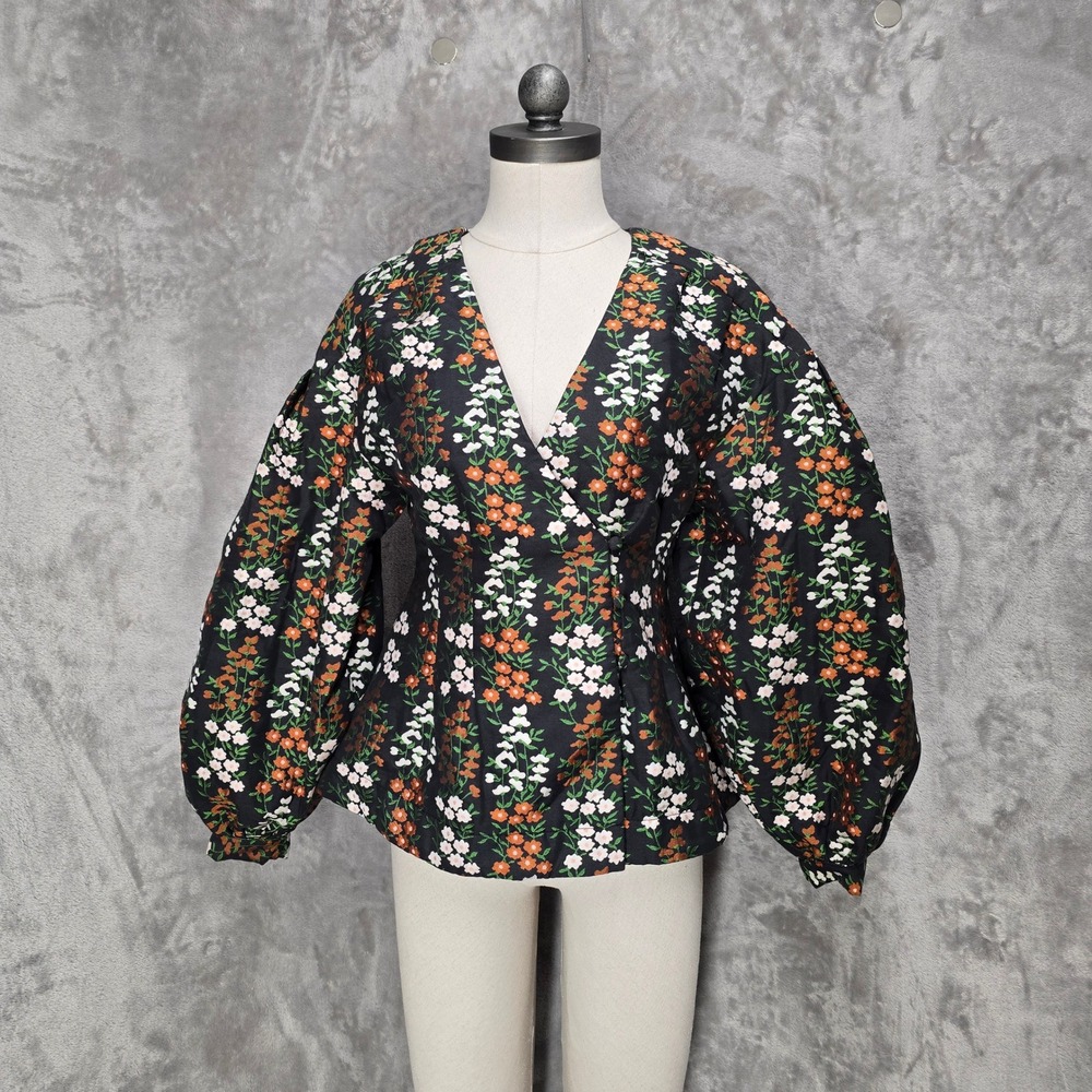 Nichii Top Women M Black Floral Balloon Sleeve V-Neck Brocade Garden Regencycore